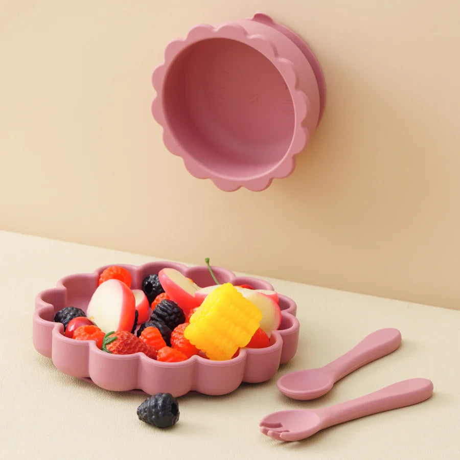 Baby feeding set: orange silicone lion bowl with matching spoon and fork