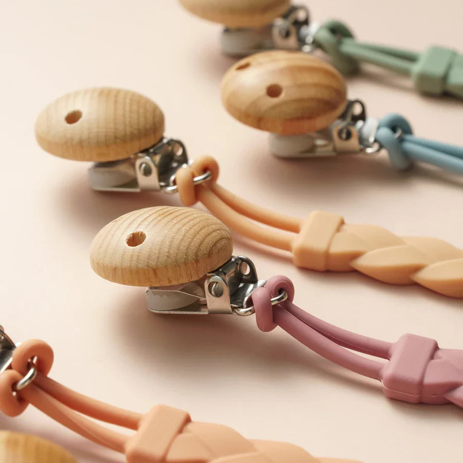Colorful silicone baby teether clip, secure attachment for pacifiers & toys.