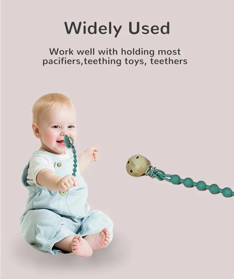 Portable silicone pacifier clip with an integrated teether, perfect for on-the-go babies.