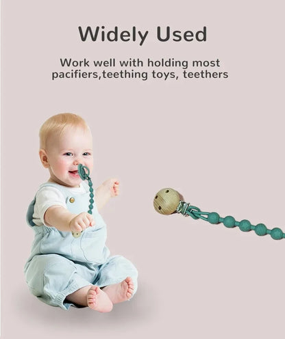 Portable silicone pacifier clip with an integrated teether, perfect for on-the-go babies.