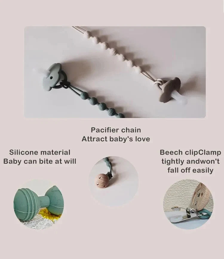 Durable silicone pacifier clip and teether combo, an essential for baby's nursing and feeding.