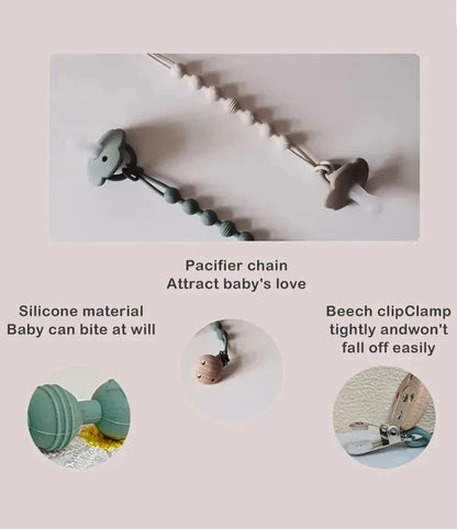Durable silicone pacifier clip and teether combo, an essential for baby's nursing and feeding.