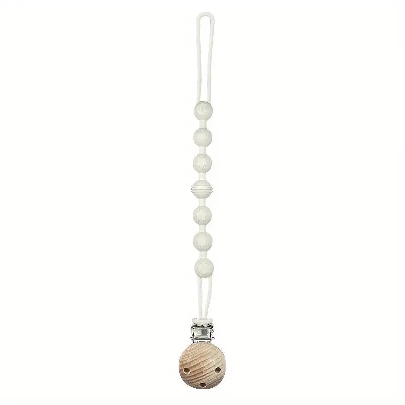 Pacifier holder and teether combo, made from food-grade silicone for baby's safety.
