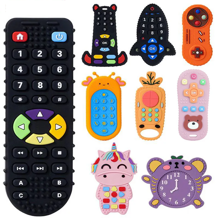 Baby silicone remote control teether, gray, for soothing gums and sensory play