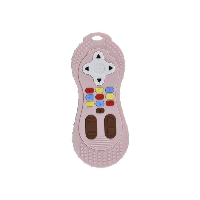 Group of assorted baby silicone remote control teethers, vibrant colors, sensory toy
