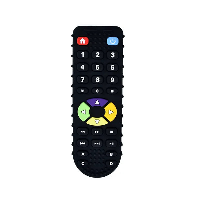 Close-up of baby silicone remote control teether's textured surface for gum relief