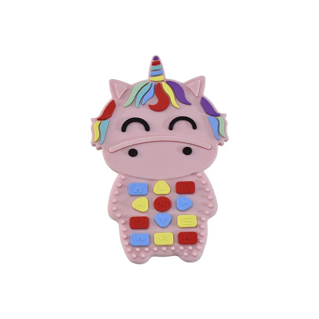 Happy baby playing with a red silicone remote control teether, infant care product