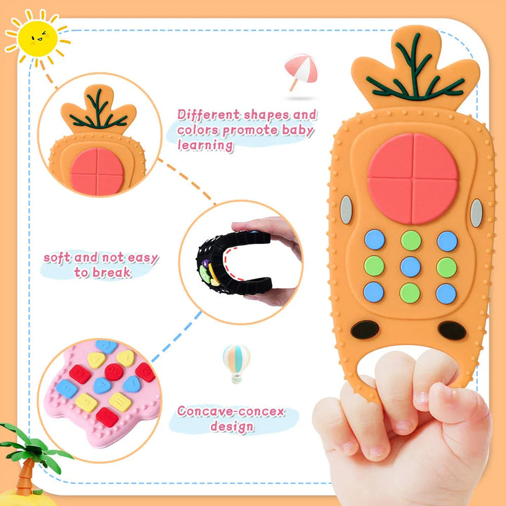 Close-up of baby silicone remote control teether, pink, with soft textured buttons
