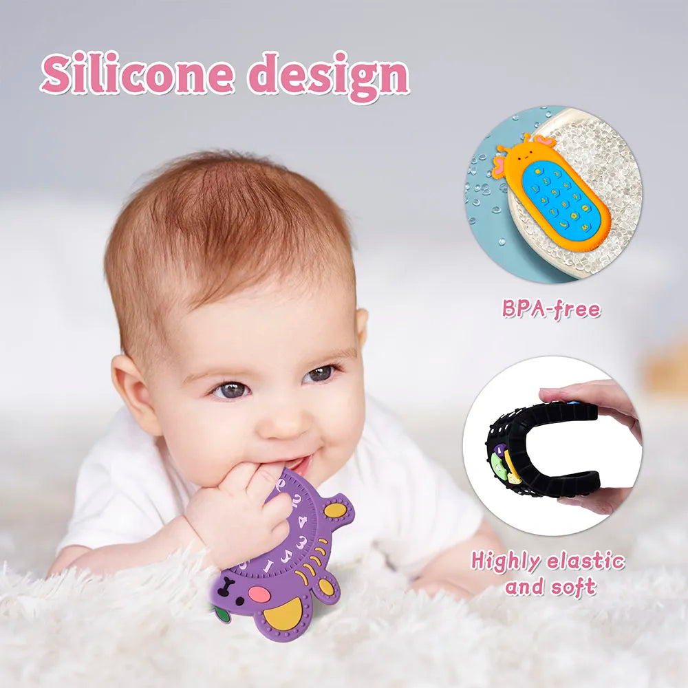 Child exploring a yellow silicone remote control teether, enhancing motor skills