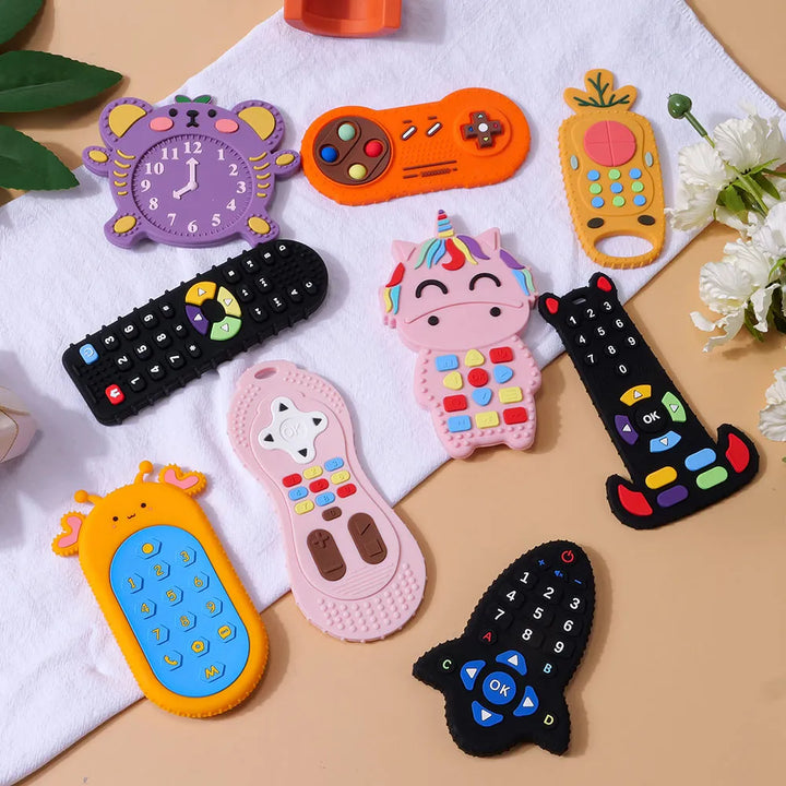 Soft orange silicone remote control teether, designed to be baby-friendly and safe