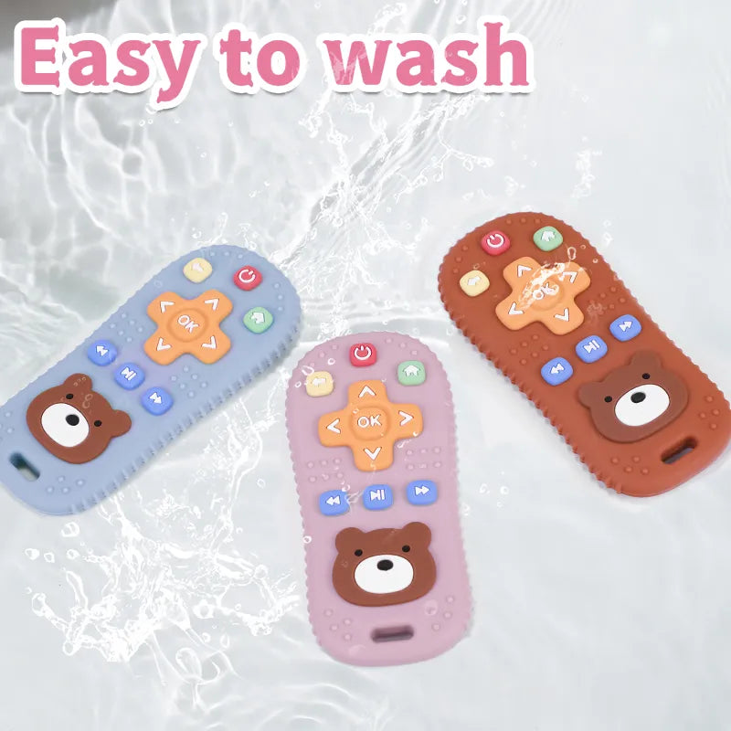 BPA-free gray silicone remote control teether, perfect for baby's sensitive gums