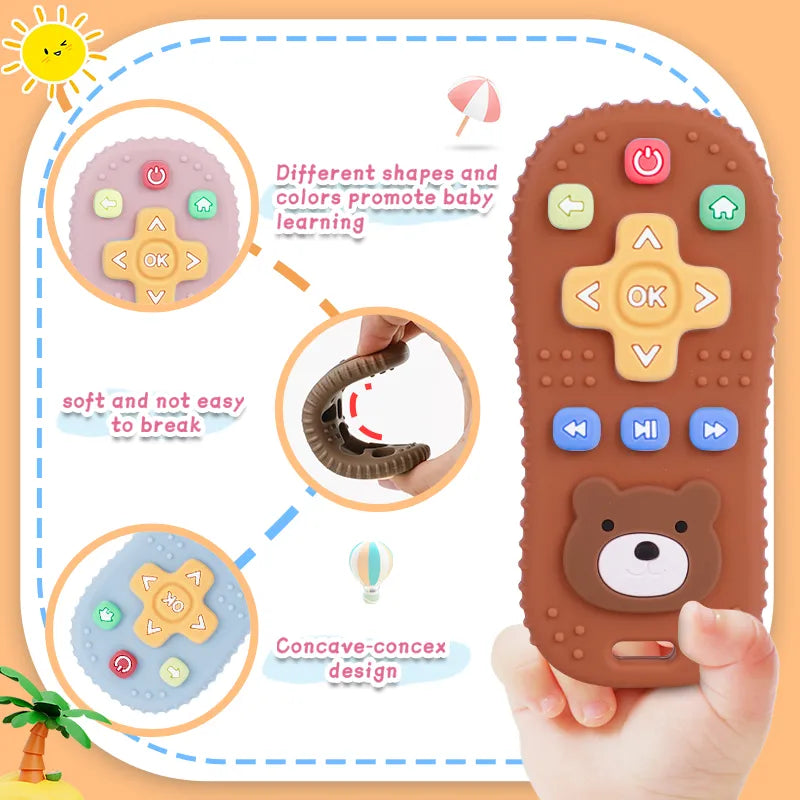 Various colored baby silicone remote control teethers, ideal for teething stages