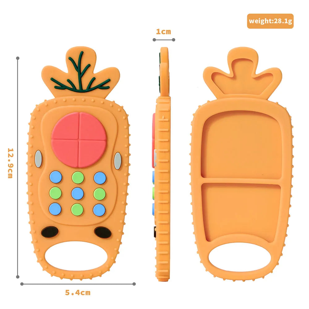 Infant reaching for a bright orange silicone remote control teether, teething aid