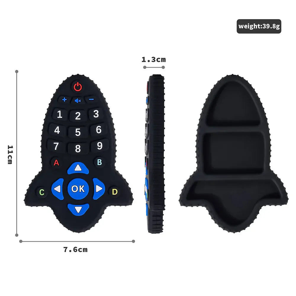 Close-up of a pink silicone remote control teether's smooth, safe finish