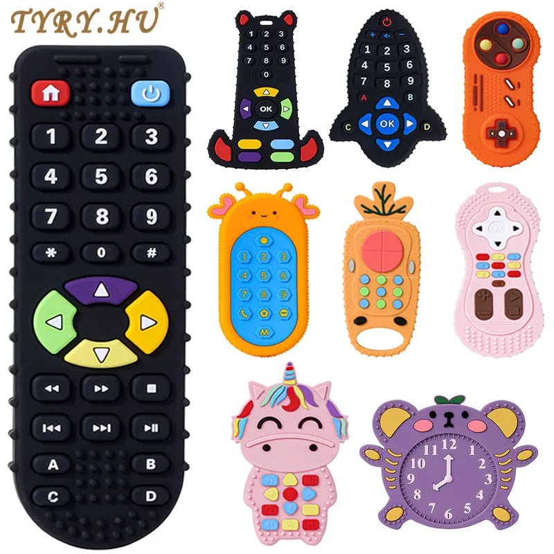 Textured silicone remote control teether, orange, providing gum massage for infants