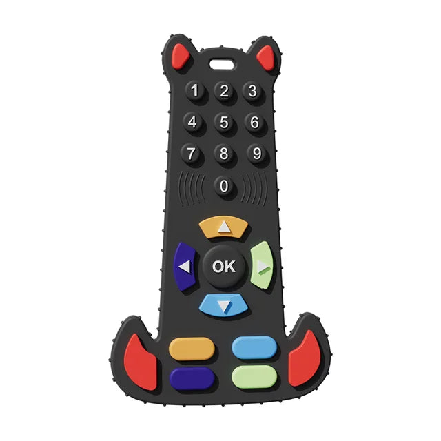 Front view of black silicone remote control teether, safe and durable gum soother