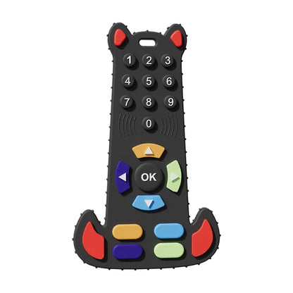 Front view of black silicone remote control teether, safe and durable gum soother