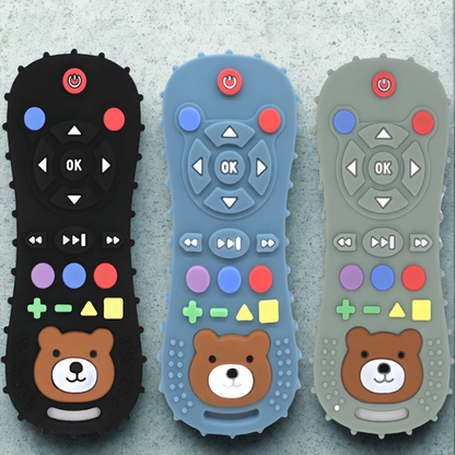 Baby silicone remote teether toy, grey, for soothing infant gums & sensory relief