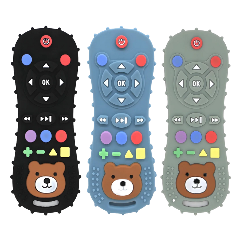 Soft green baby silicone teether toy shaped like a remote, an ideal infant soothing & sensory gift