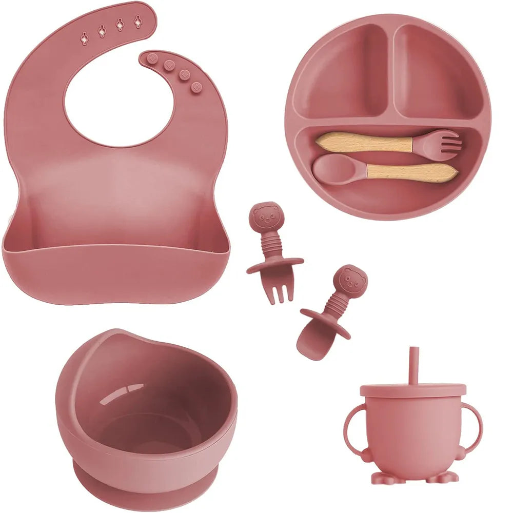 Baby silicone self-feeding set with suction plate & bowl, bib, & toddler utensils. Non-toxic weaning kit.