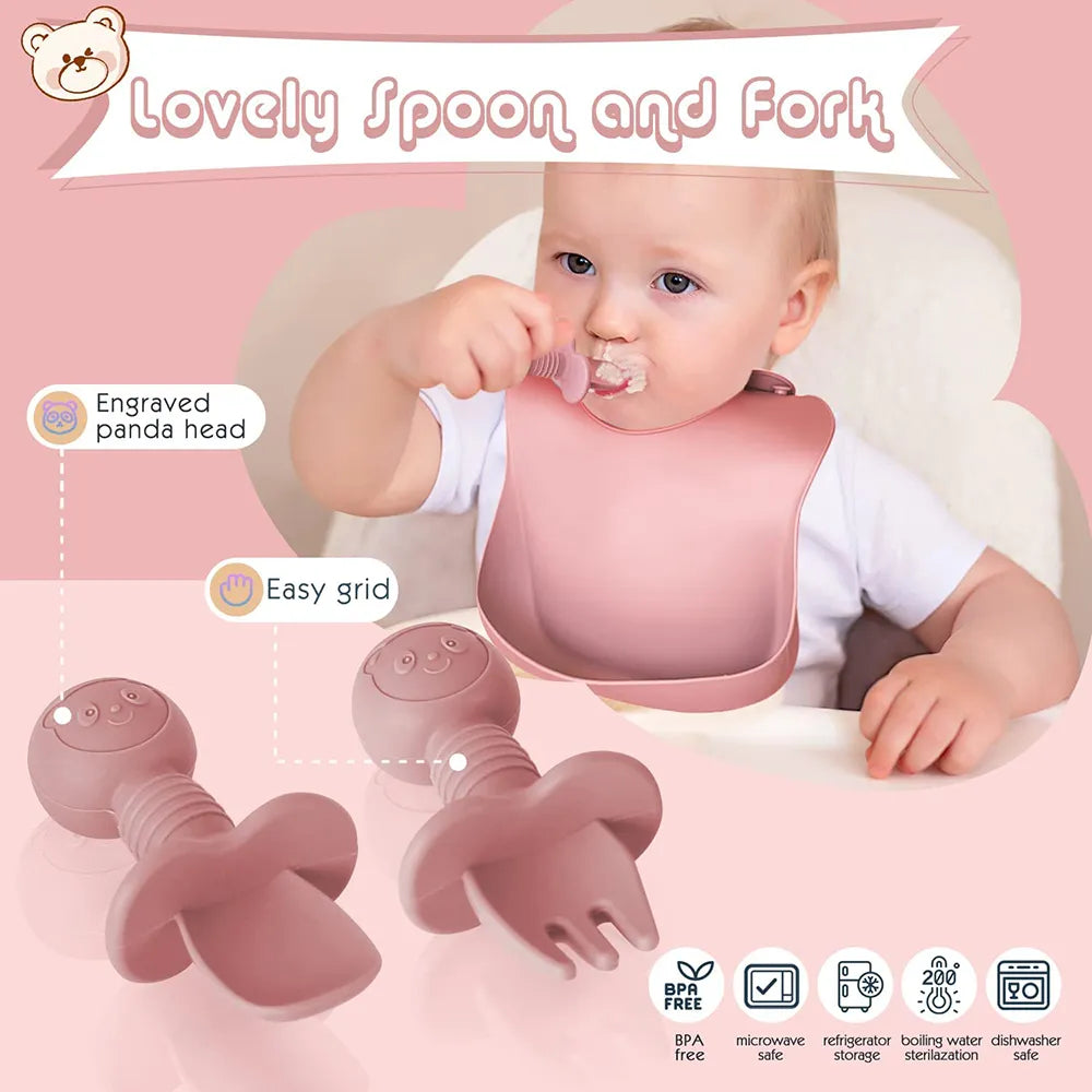Complete baby silicone dinnerware set for self-feeding. Includes suction plate, bowl, bib, & soft spoon.