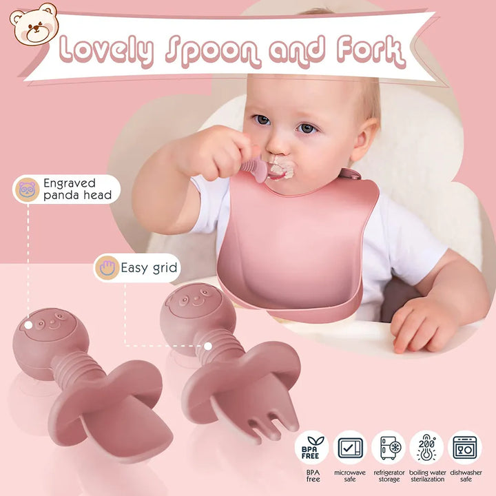 Complete baby silicone dinnerware set for self-feeding. Includes suction plate, bowl, bib, & soft spoon.