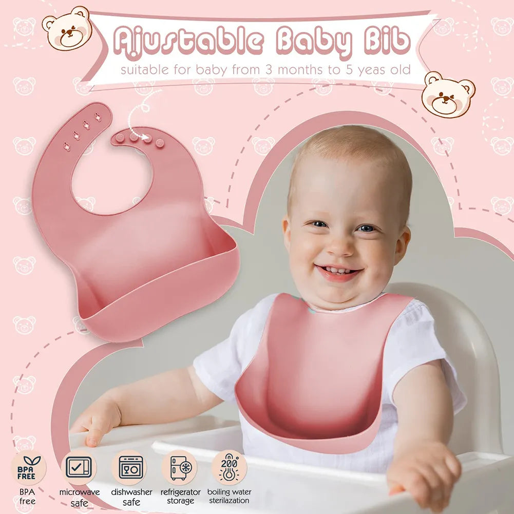 Toddler silicone feeding set: suction plate, bowl, bib, spoon, and fork for independent mealtime.