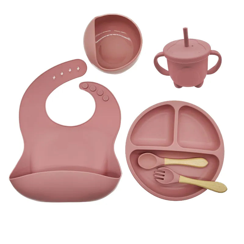 Dishwasher safe baby silicone tableware for weaning. Self-feeding plate, bowl, bib & utensils.
