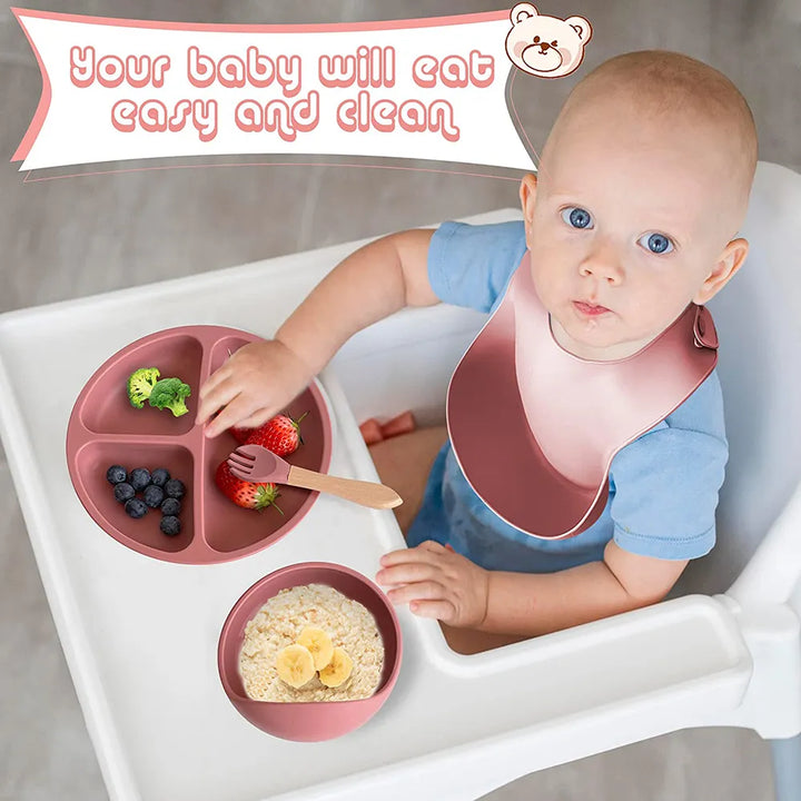 Cute baby silicone self-feeding starter set for infants and toddlers. Includes essentials for meals.