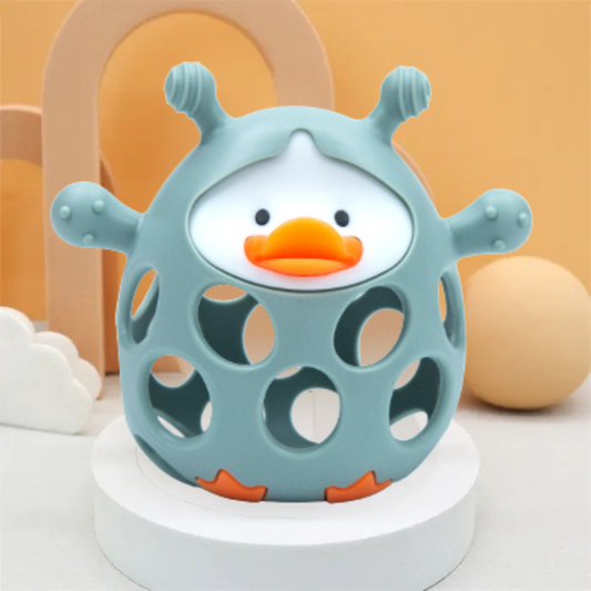 Baby silicone soothing teether toy in pastel blue for infant gum relief and sensory development