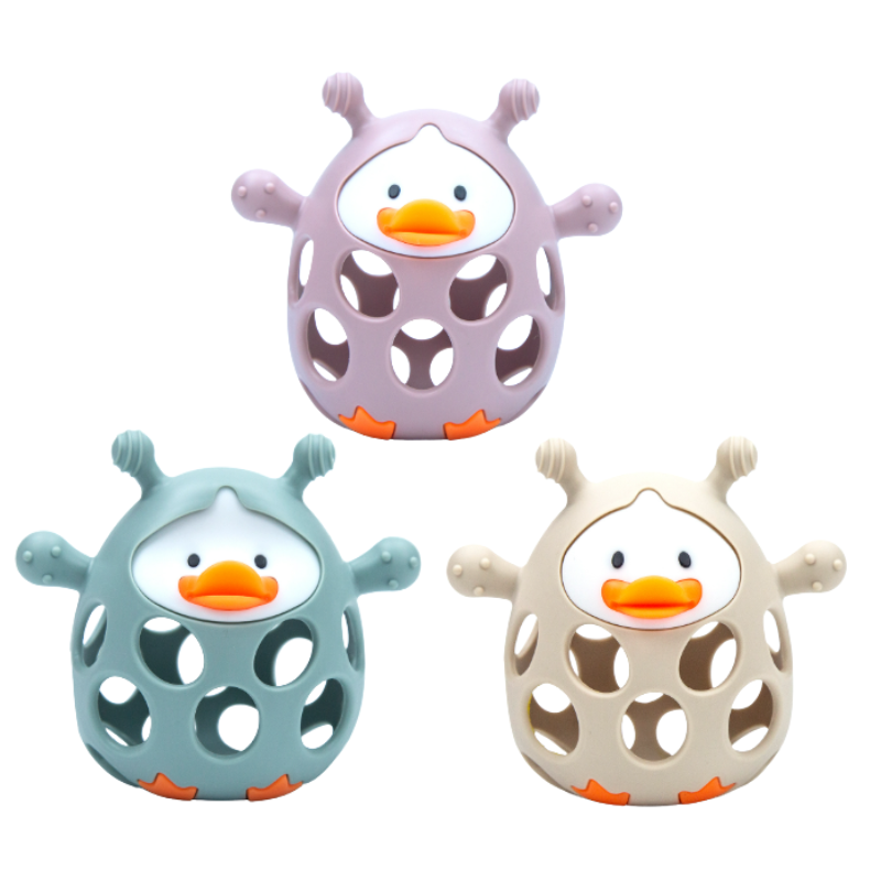 Soft green silicone teether toy for babies, designed for soothing gums and infant sensory play