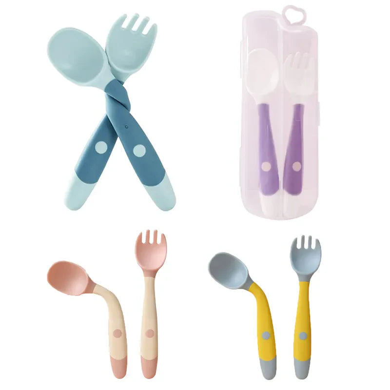 Baby Silicone Spoon & Fork Set, pink toddler feeding utensils for self-feeding, soft tip, BPA free