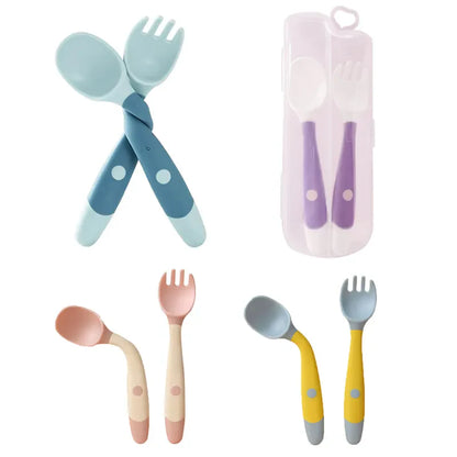 Baby Silicone Spoon & Fork Set, pink toddler feeding utensils for self-feeding, soft tip, BPA free