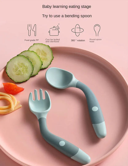 Grey baby silicone spoon and fork set, modern design for toddler tableware