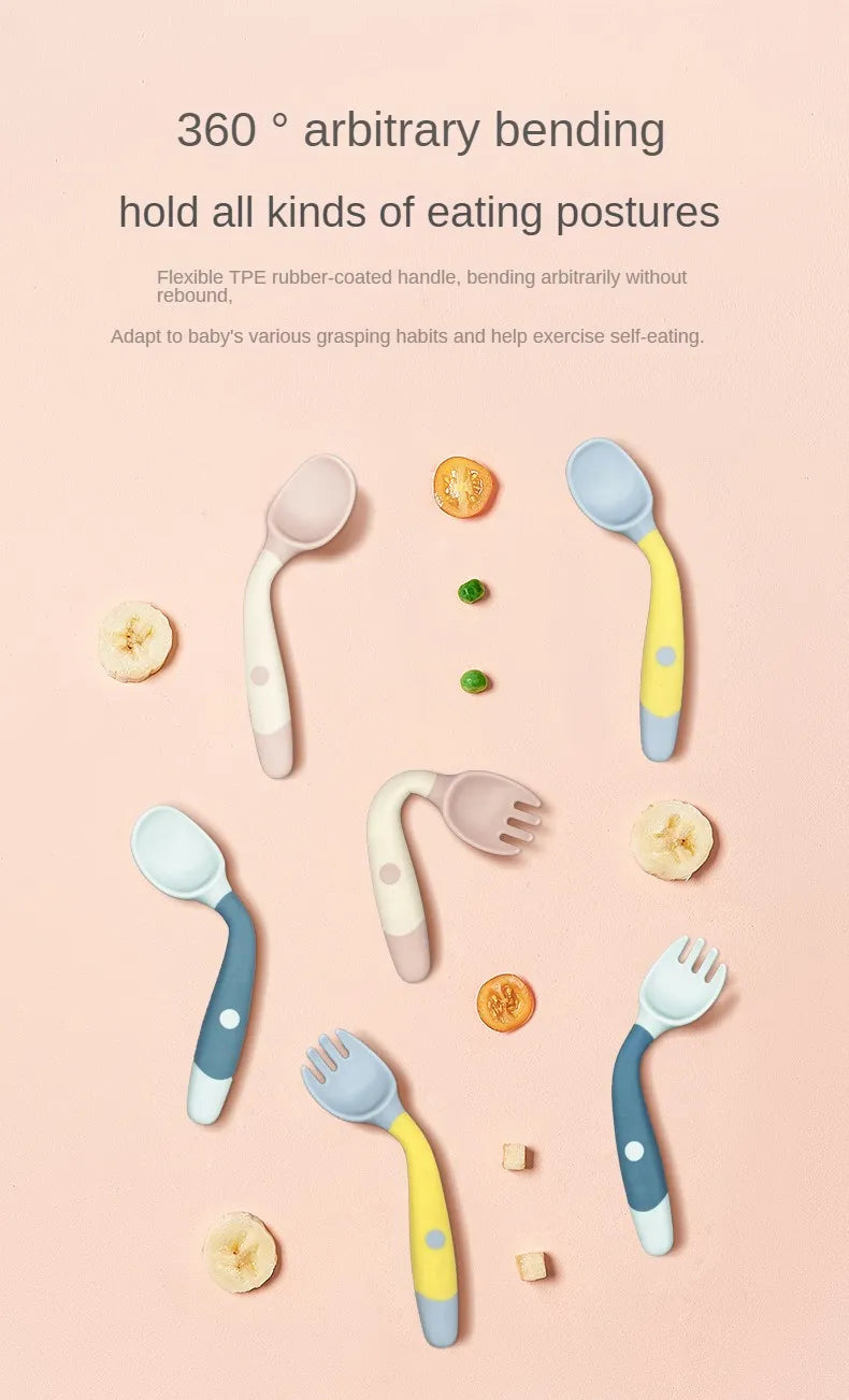 Toddler self-feeding kit featuring a green silicone spoon and fork, promoting independence