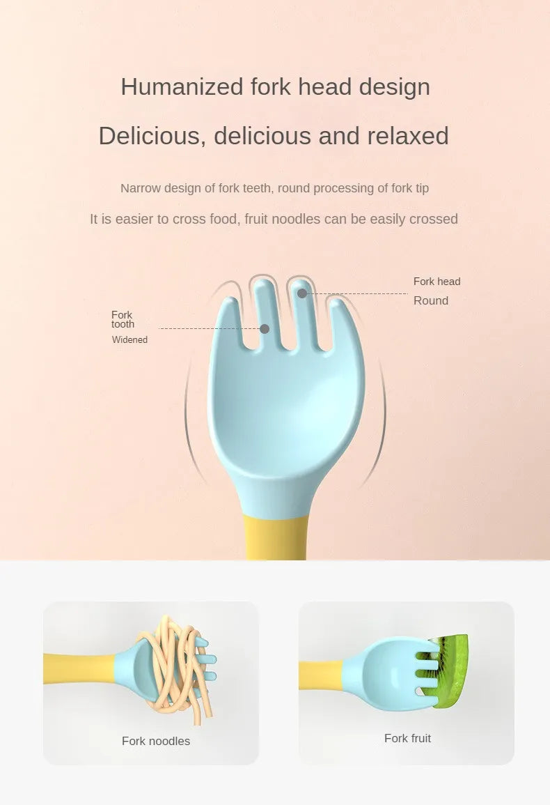 Compact travel baby silicone spoon and fork set, convenient for feeding on the go