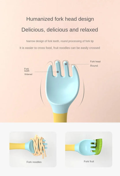 Compact travel baby silicone spoon and fork set, convenient for feeding on the go
