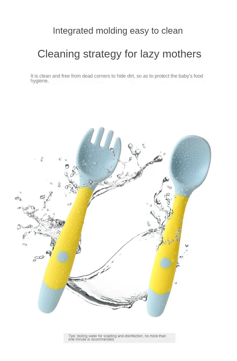 Soft silicone spoon, ideal for first foods, part of a toddler feeding utensil set
