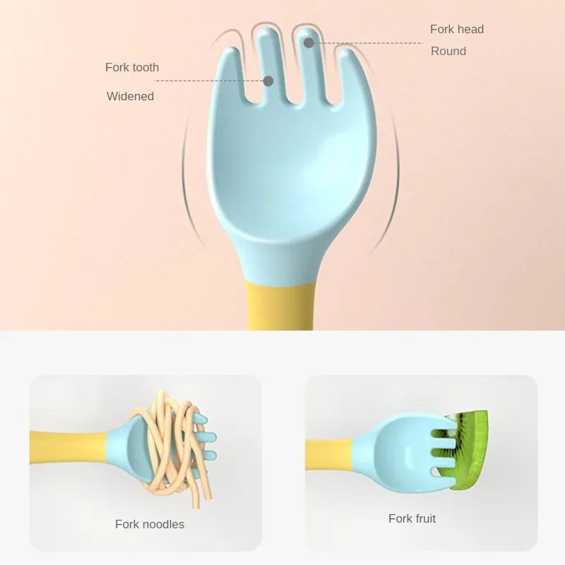 Close-up of a blue baby silicone spoon, soft tip for gentle use, BPA-free baby tableware