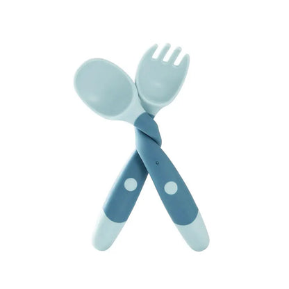 Complete baby silicone spoon and fork set in multiple colors, perfect for baby feeding