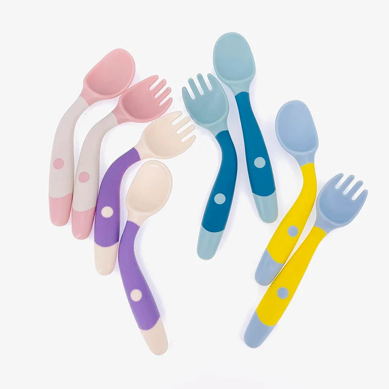 Pink baby silicone spoon & fork, toddler utensils for self-feeding, soft-tipped and safe