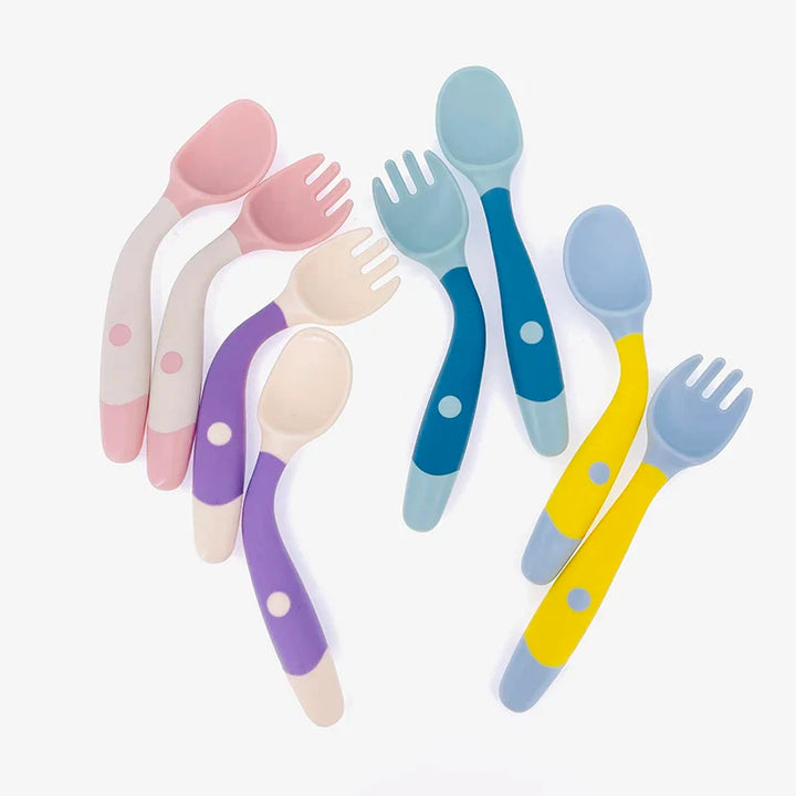 Pink baby silicone spoon & fork, toddler utensils for self-feeding, soft-tipped and safe