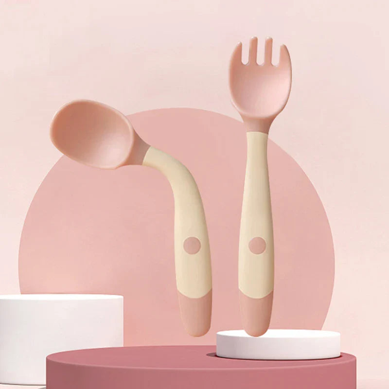 Baby led weaning set: silicone spoon and fork in yellow, gentle on gums, ideal kids cutlery