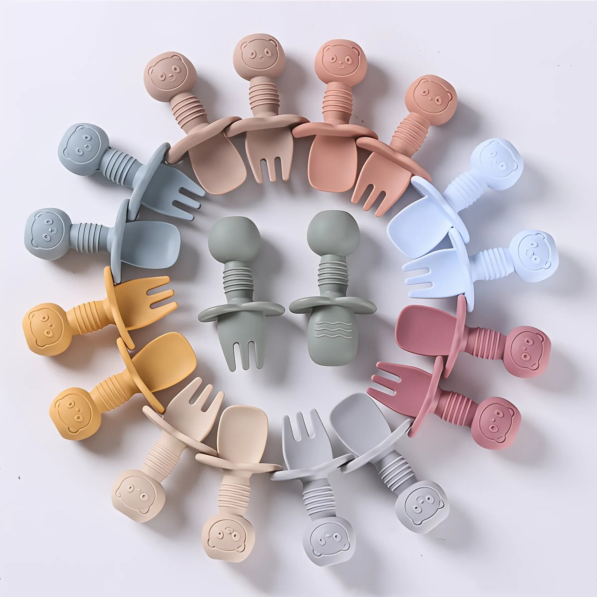 Baby silicone spoon & fork set with wooden handles, soft tip for toddler self-feeding