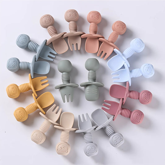 Baby silicone spoon & fork set with wooden handles, soft tip for toddler self-feeding