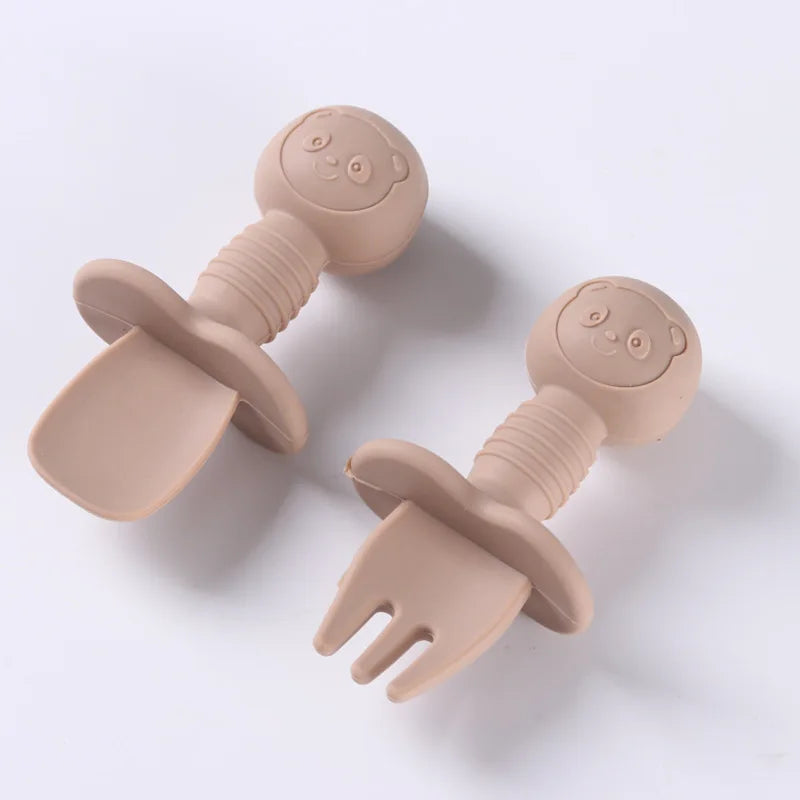 Durable toddler self-feeding set: silicone spoon & fork with wooden handles