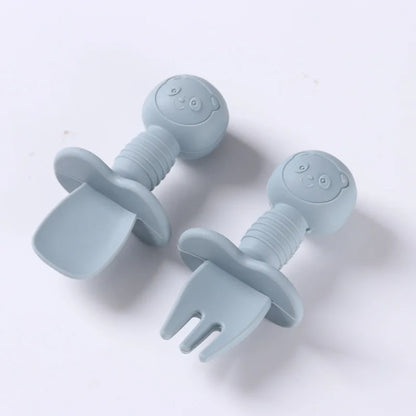 Wooden handle baby spoon & fork, silicone tips for gentle infant feeding