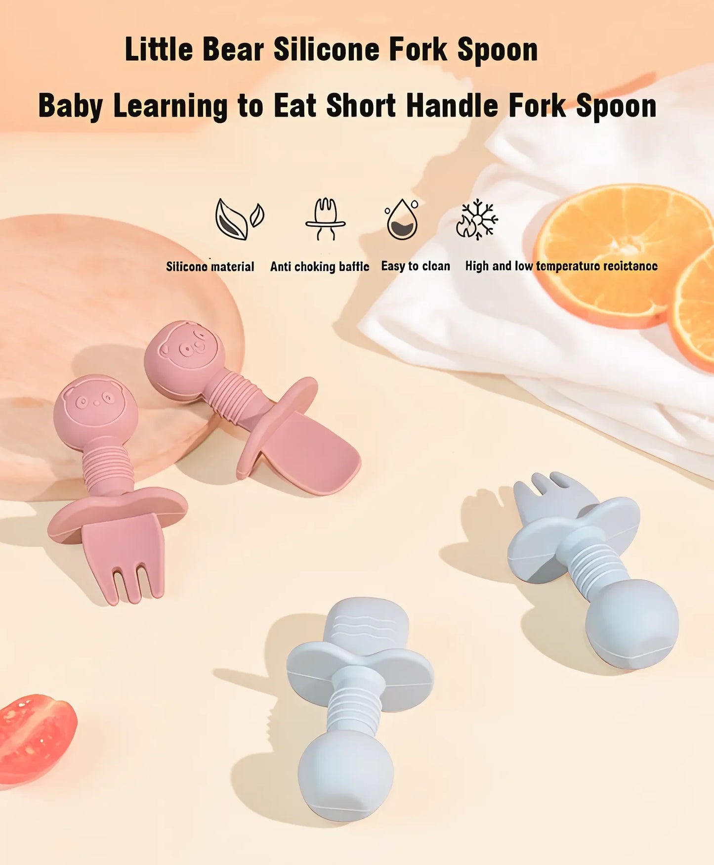 Ergonomic wooden handle baby spoon & fork, soft silicone for delicate gums