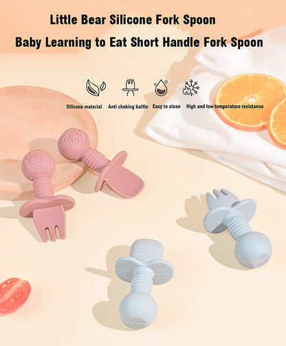 Ergonomic wooden handle baby spoon & fork, soft silicone for delicate gums