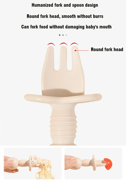 Safe and stylish baby feeding set: silicone spoon & fork with wooden accents